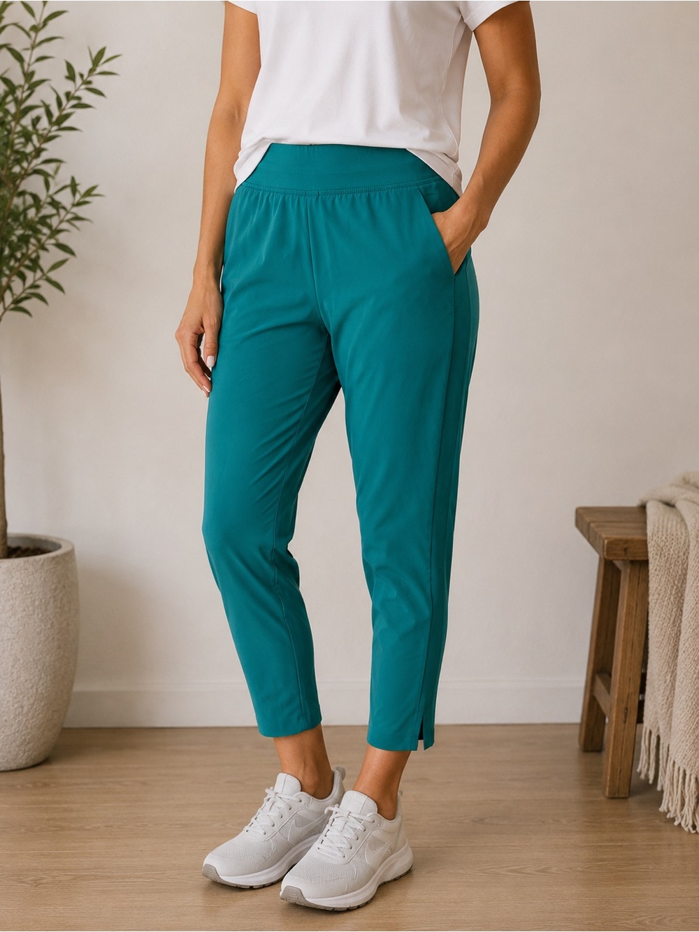 Athleta Teal Cropped Track Jogger Pants 12 Petite High Rise Zip Back Pockets